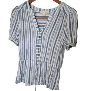 Women's Blue White Stripe Belly Shirt Monteau Los Angeles XL Puff Sleeve